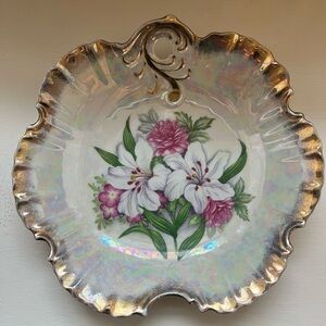 Vintage GRANTCREST JAPAN opalescent gold rimmed floral bowl